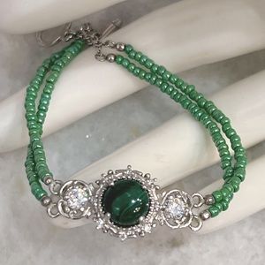 African Malachite Diamond Double Strand Seed Bead Toggle Clasp Bracelet
